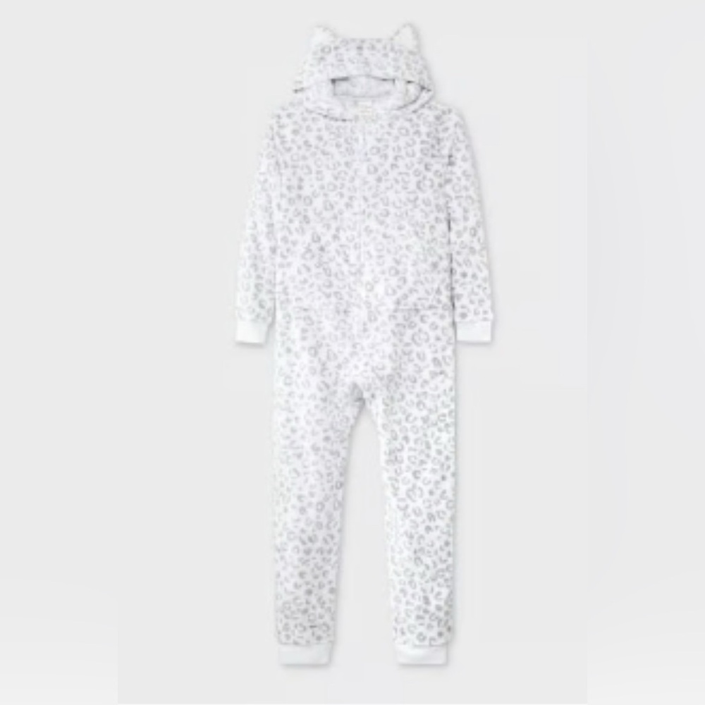 Girls Leopard Print Hooded Suit Pajamas Cat & Jack XL (14) Fleece One Piece
